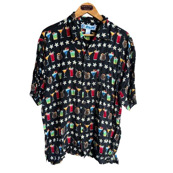 Utility Hawaiian Camp Mens Large Shirt Mixed Drinks Cocktails Black Novelty - Picture 1 of 6